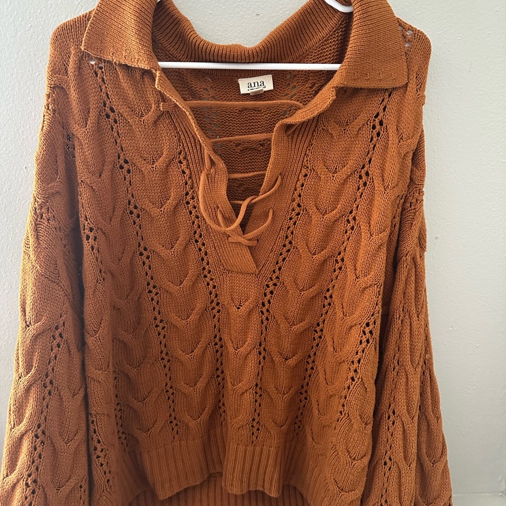 a.n.a Women's Tan Lace-Up Cable Knit Sweater
